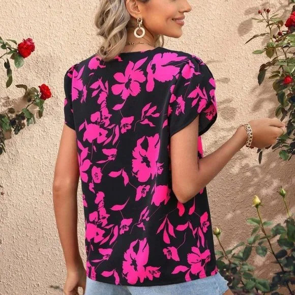 Floral Print Lace Detailed Petal Sleeve Blouse - Picture 2 of 5